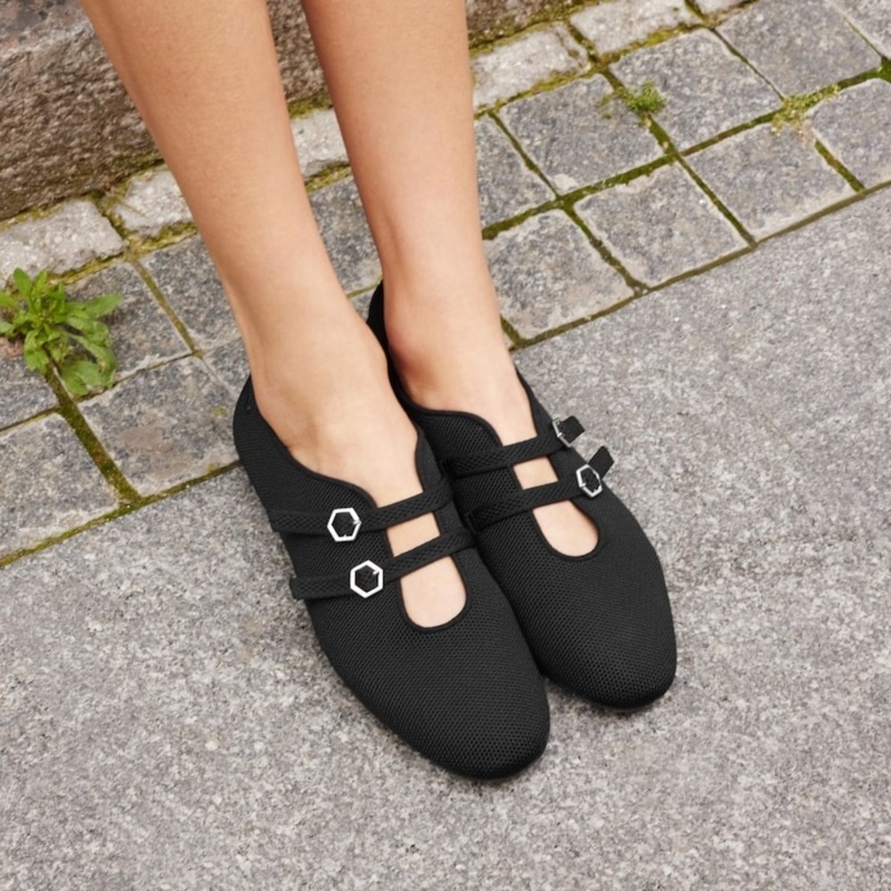 Vivaia Natalie Twin Strap Flats Black Knit Mary Jane Hexagon Buckle EU 37.5 US 7